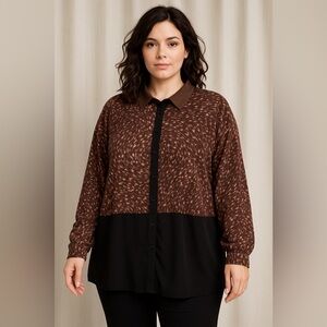 🤎 Susan Graver 2-Piece Button Front Blouse & Printed Sheer Overlay – Size 2X